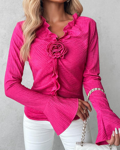 Rose Detail Ruched Frill Hem Top