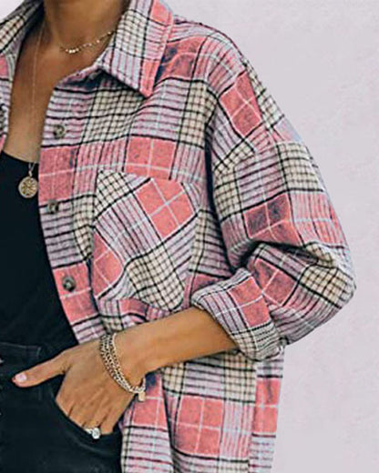 Plaid Print Long Sleeve Button Down Shacket