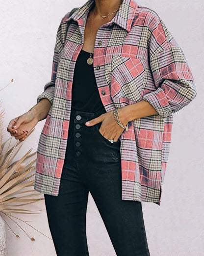 Plaid Print Long Sleeve Button Down Shacket