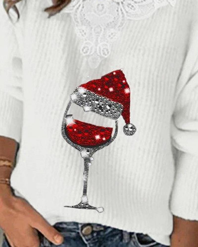 Christmas Wine Glass Print Lace Patch Long Sleeve Top