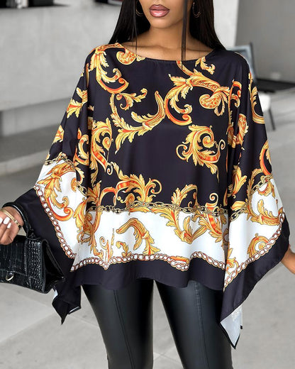 Colorblock Baroque Print Batwing Sleeve Top