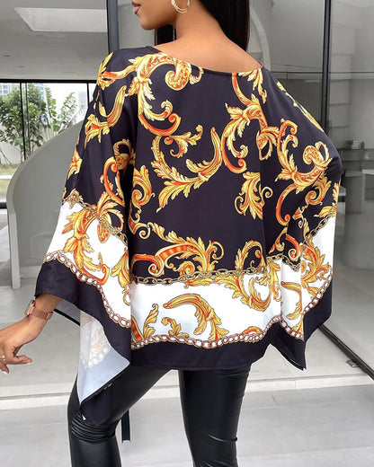 Colorblock Baroque Print Batwing Sleeve Top