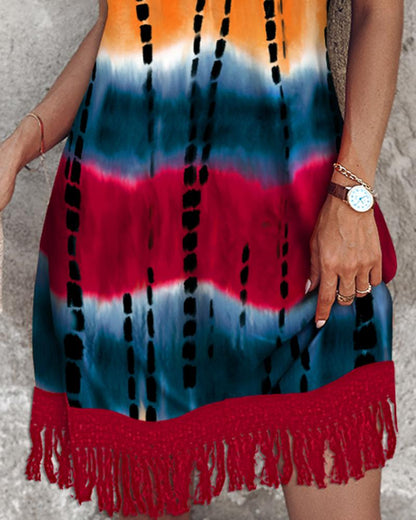 Tie Dye Print Tassel Design Casual Dress