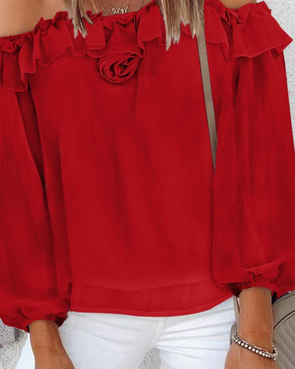 Rose Detail Ruffle Hem Off Shoulder Top