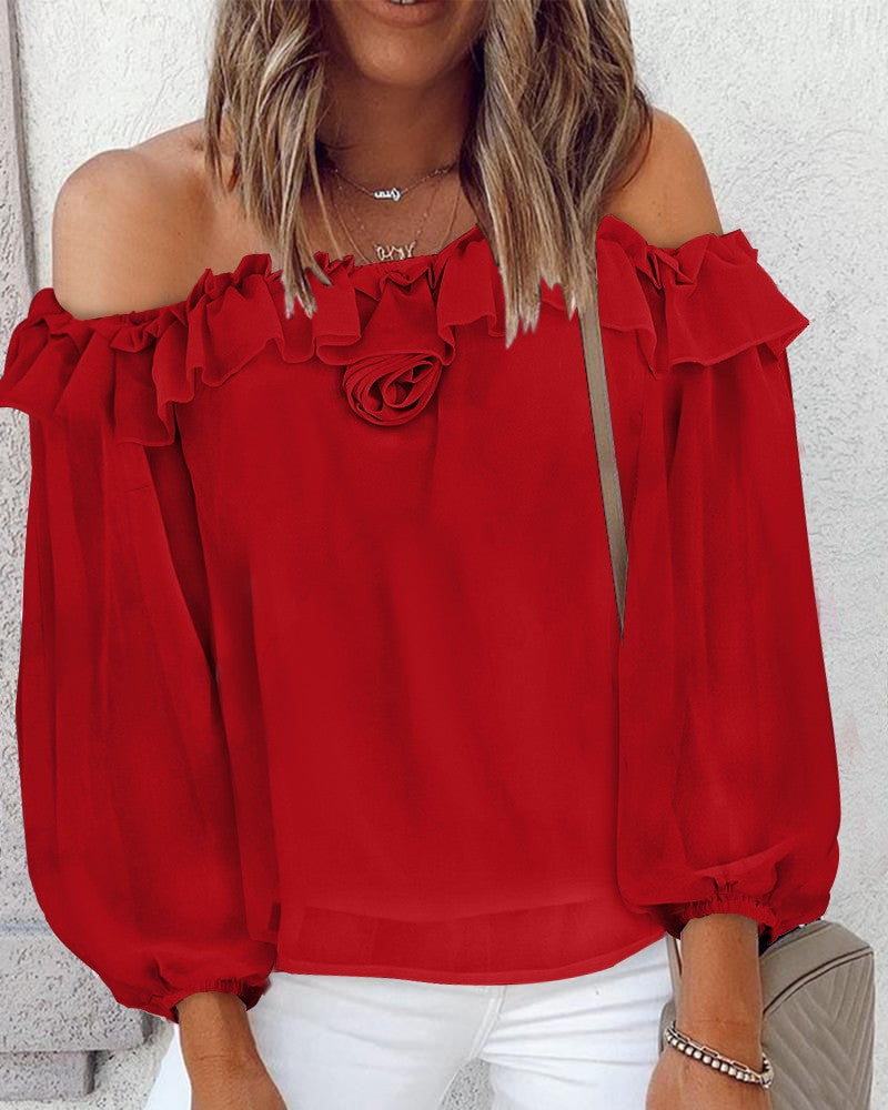 Rose Detail Ruffle Hem Off Shoulder Top