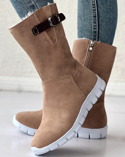 Side Zipper Buckled Lined Ankle Boots