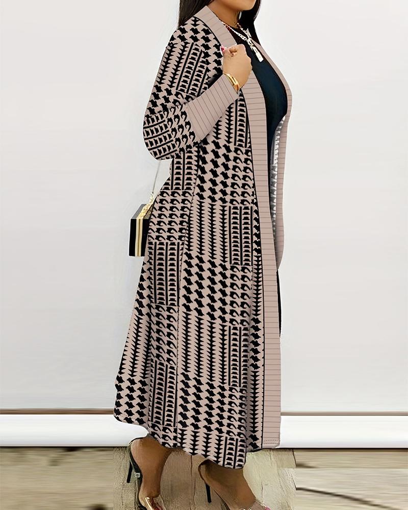 Plus Size Geometric Houndstooth Print Longline Coat