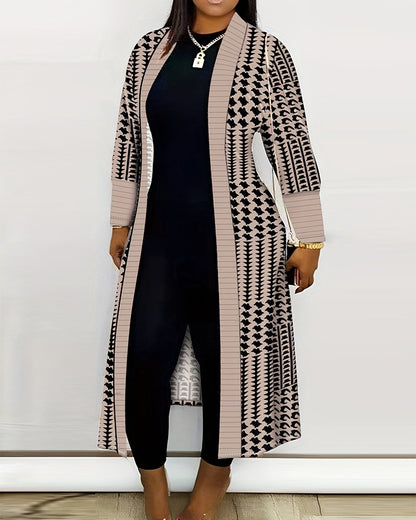 Plus Size Geometric Houndstooth Print Longline Coat