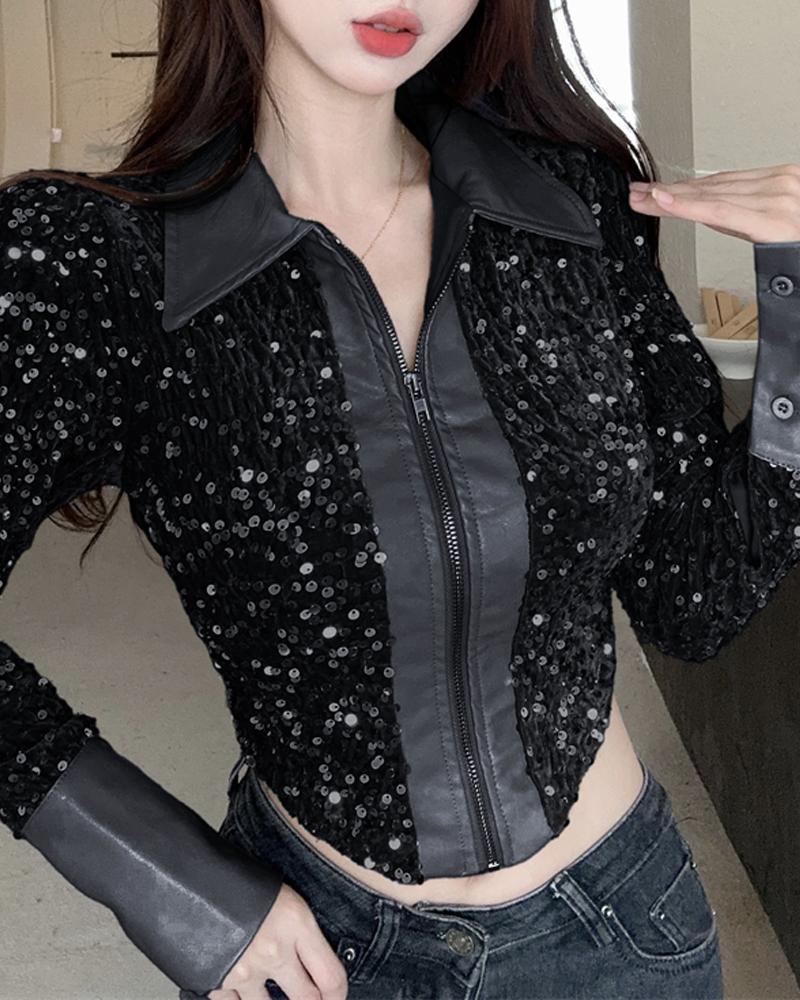 Contrast Sequin Zipper Design Patchwork Jacket