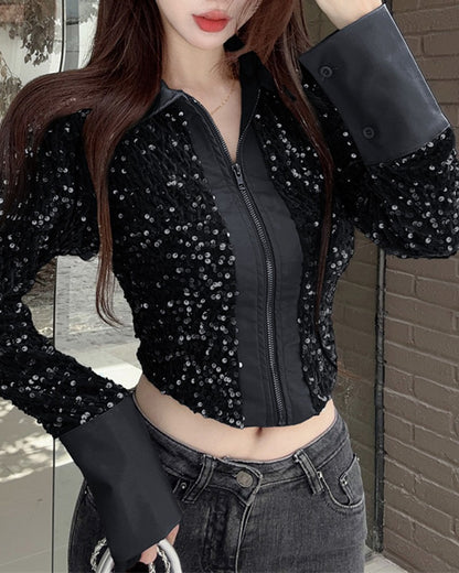 Contrast Sequin Zipper Design Patchwork Jacket