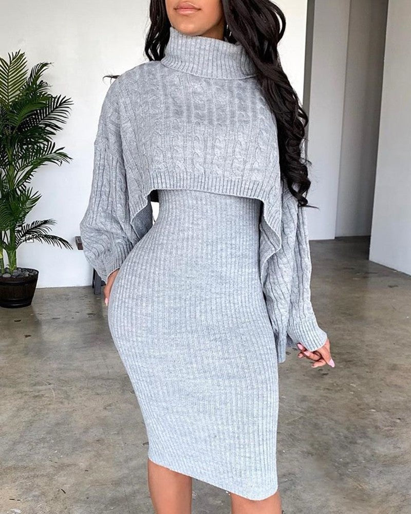 Solid High Neck Ribbed Sweater & Thin Strap Dress Sets