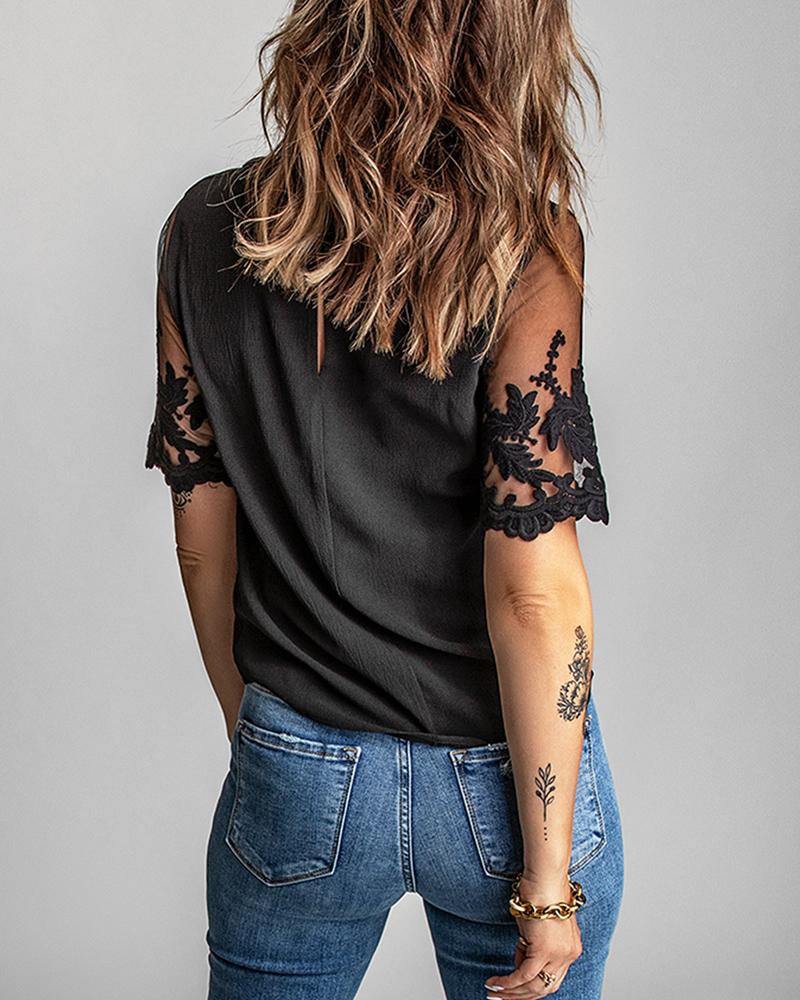 Sheer Mesh Crochet Lace Patch Top