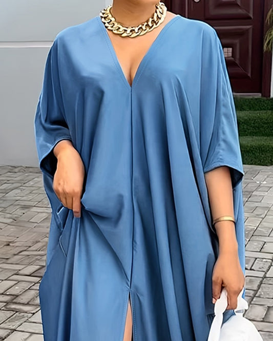 Slit Front V Neck Casual Loose Maxi Dress