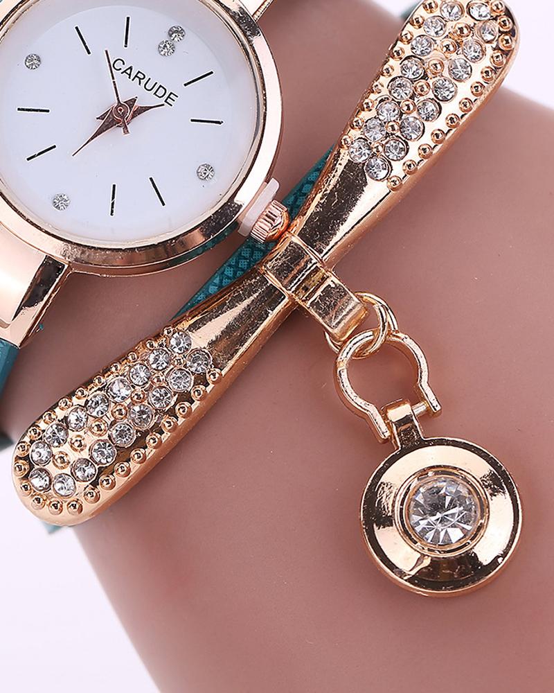 Minimalist PU Leather Rhinestone Quartz Wrist Watch & Bracelet Set