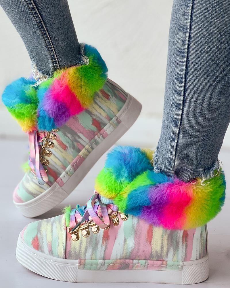 Rainbow Colorblock Fuzzy Detail Lined Ankle Boots