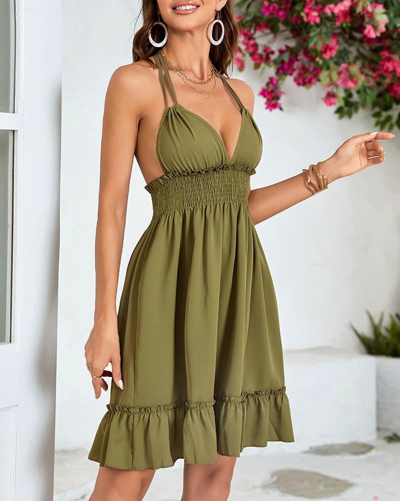 Shirred Ruffle Hem Halter Casual Dress