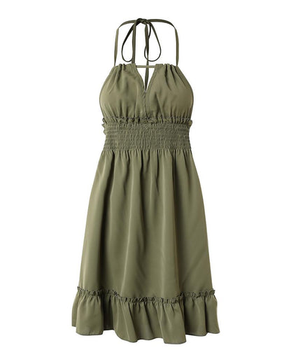 Shirred Ruffle Hem Halter Casual Dress