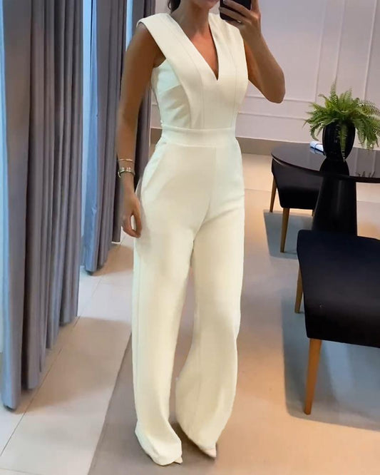 V Neck Sleeveless Straight Leg Jumpsuit