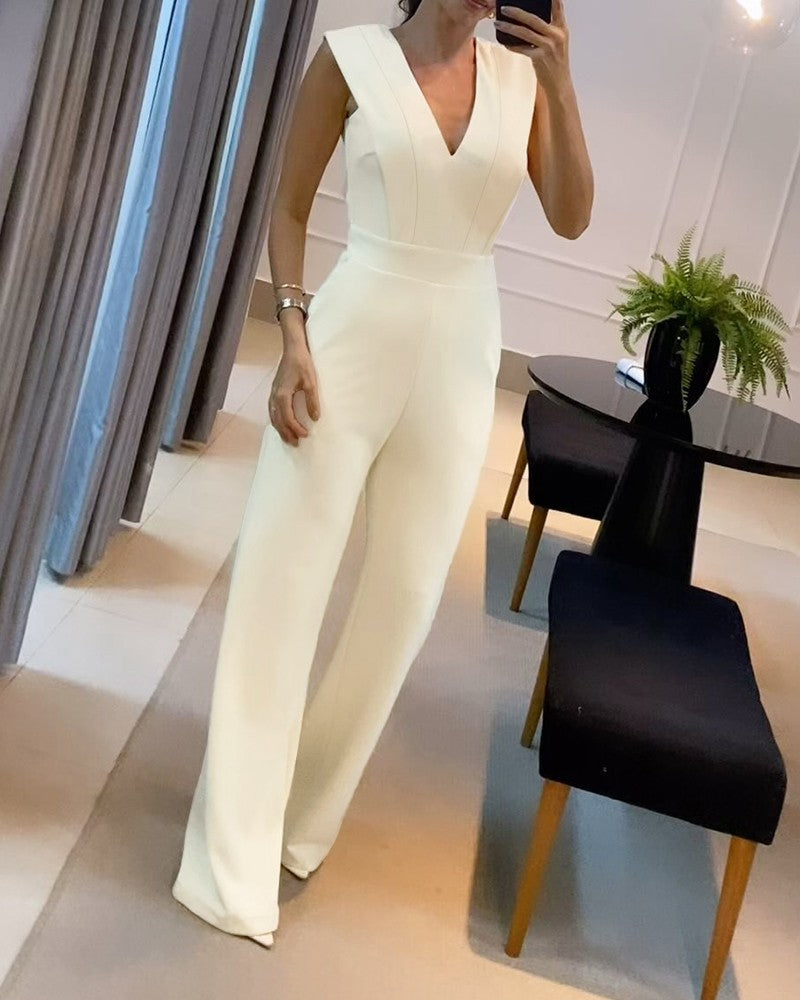 V Neck Sleeveless Straight Leg Jumpsuit