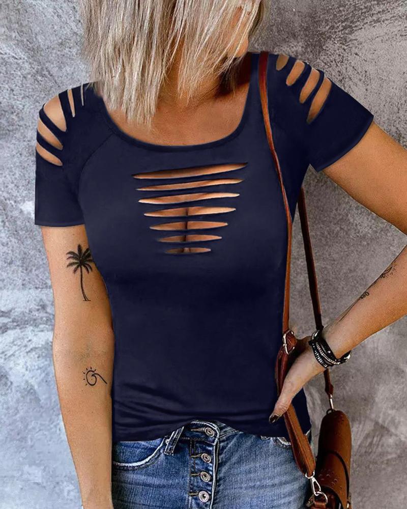 Ladder Cutout Round Neck Casual T shirt