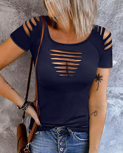 Ladder Cutout Round Neck Casual T shirt