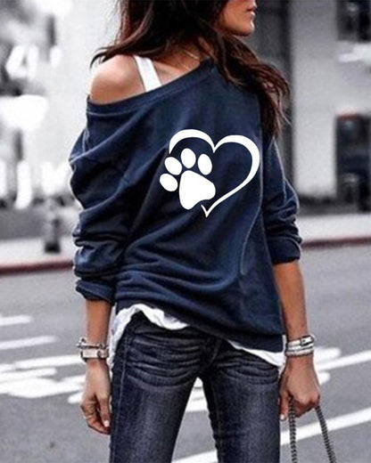 Paw Heart Print Long Sleeve Casual Sweatshirt