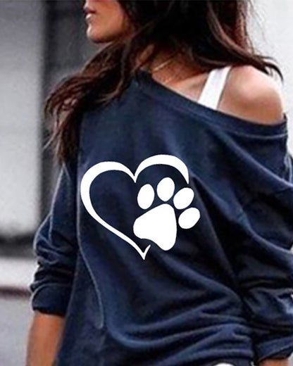 Paw Heart Print Long Sleeve Casual Sweatshirt