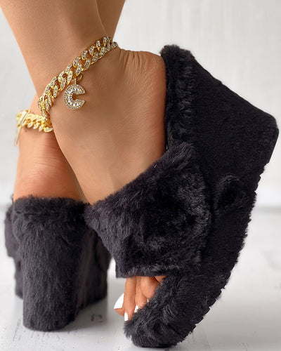 One Strap Fuzzy Wedge Slippers