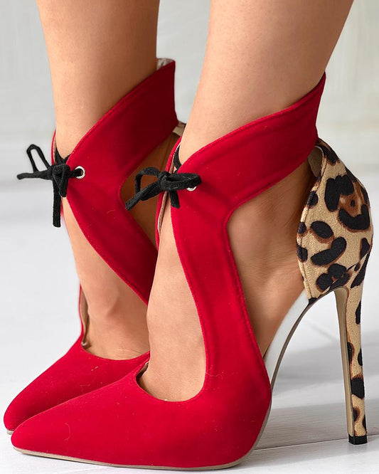 Contrast Leopard Print Tied Detail Stiletto Heel Pumps