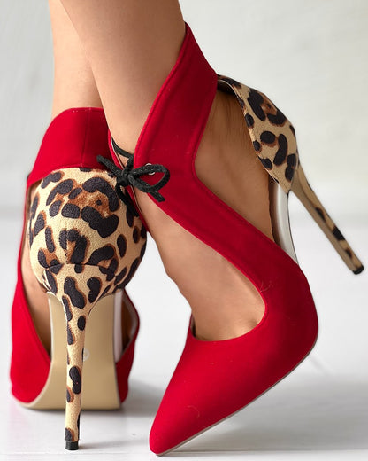 Contrast Leopard Print Tied Detail Stiletto Heel Pumps