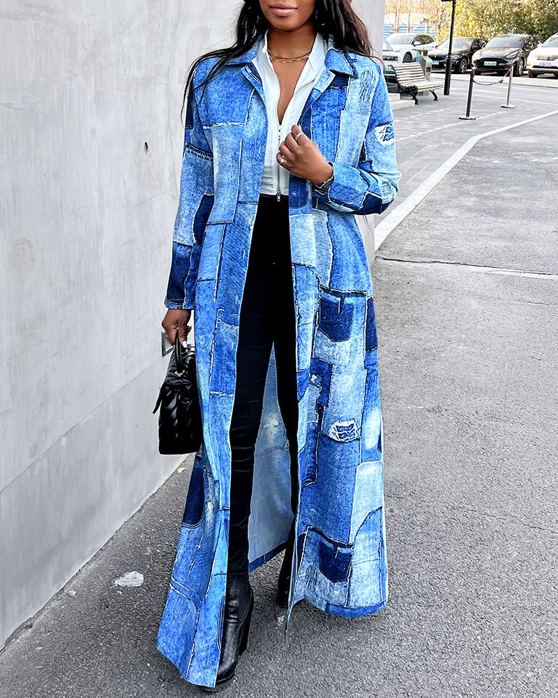 Denim Look Print Longline Shacket