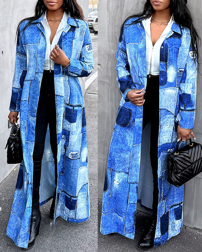 Denim Look Print Longline Shacket