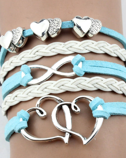 1pc Pink Double Heart Braided Leather Bracelet