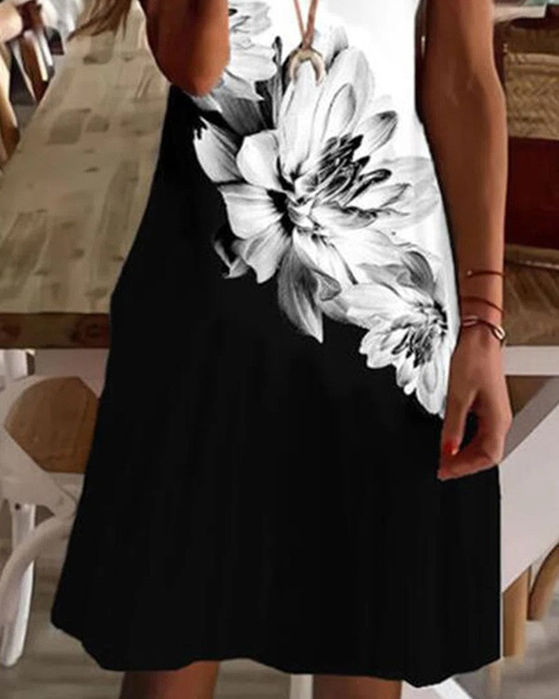 Cold Shoulder Floral Print Colorblock Casual Dress