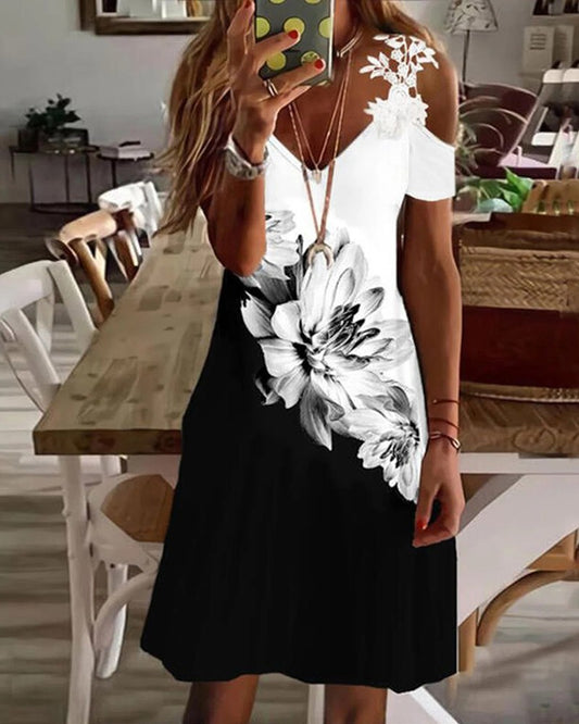 Cold Shoulder Floral Print Colorblock Casual Dress