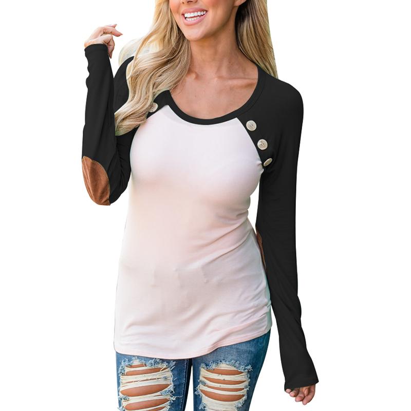 Buttoned Elbow Patches Raglan Sleeve Slinky Blouse
