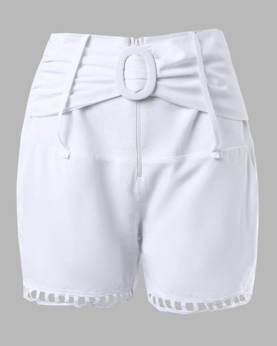 High Waist Belted Pocket Design Shorts