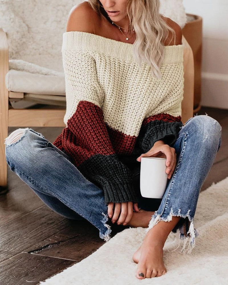 Colorblock Off Shoulder Long Sleeve Knit Sweater