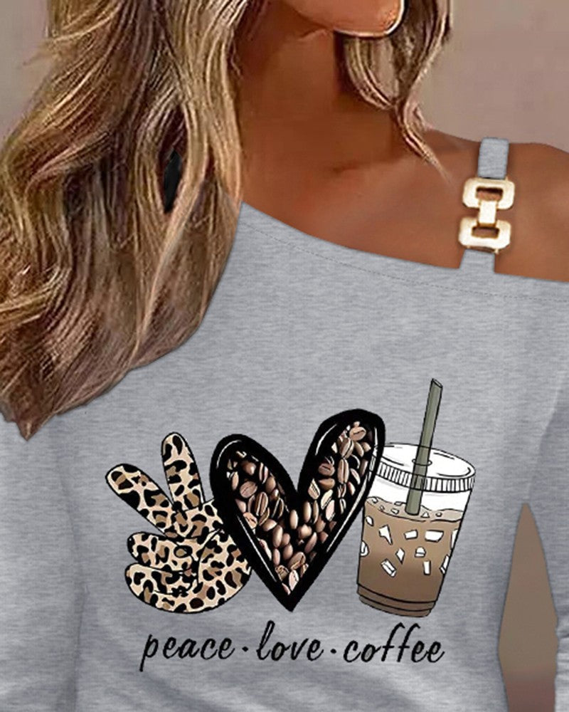 Graphic Heart Slogan Leopard Peace Love Coffee Print Top