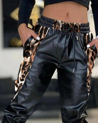 Contrast Leopard PU Leather Drawstring Cuffed Pants