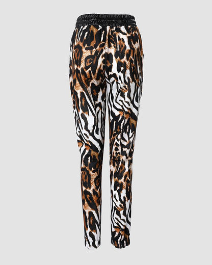 Contrast Leopard PU Leather Drawstring Cuffed Pants