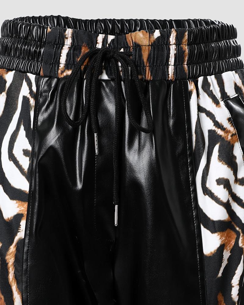 Contrast Leopard PU Leather Drawstring Cuffed Pants