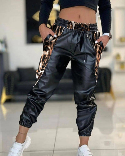 Contrast Leopard PU Leather Drawstring Cuffed Pants