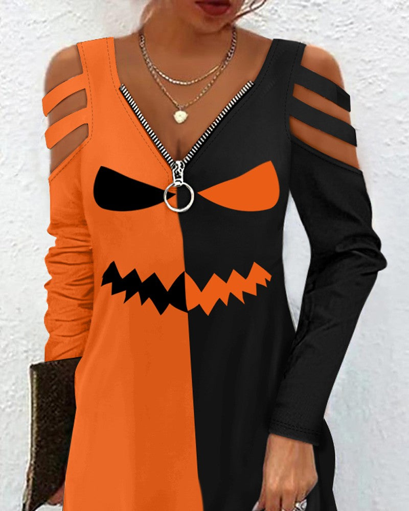 Halloween Scary Face Print Colorblock Cold Shoulder Dress