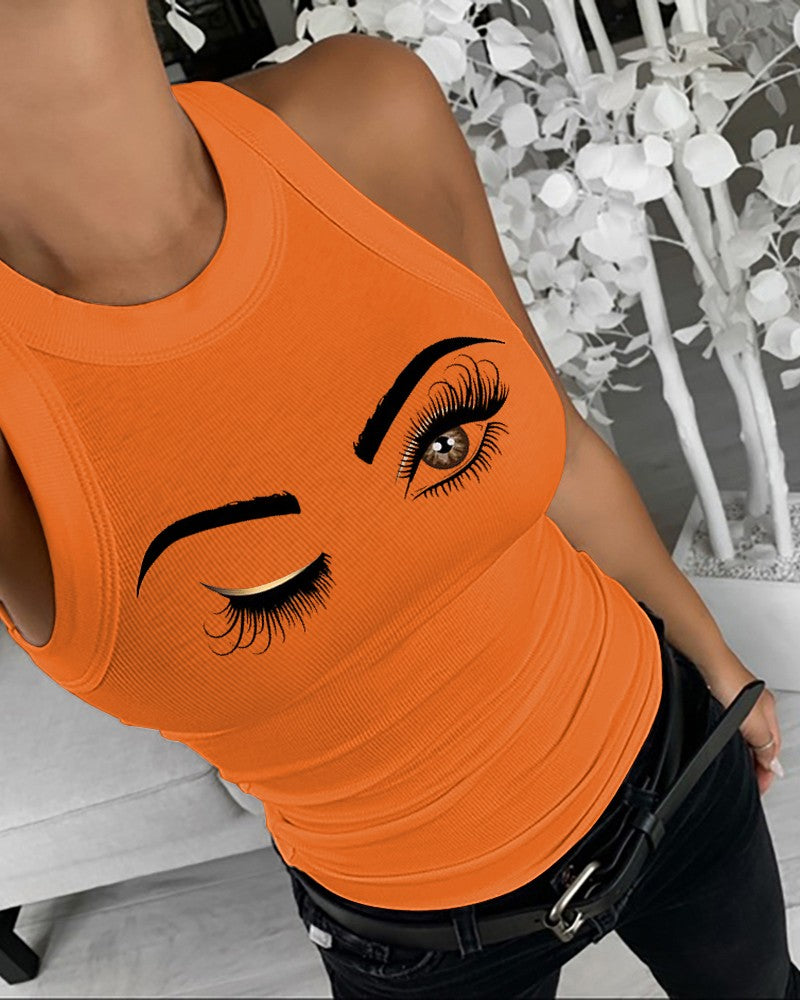 Eyelash Print Casual Tank Top