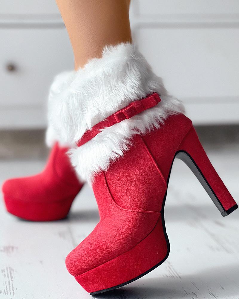 Bowknot Design Stiletto Heel Fuzzy Detail Ankle Boots