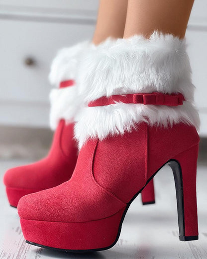 Bowknot Design Stiletto Heel Fuzzy Detail Ankle Boots