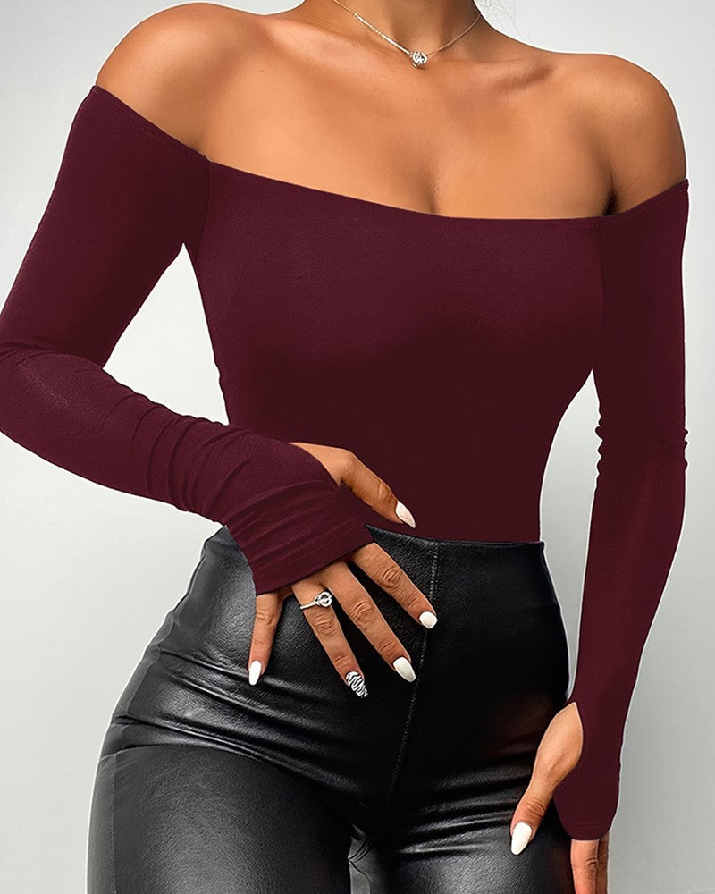 Off Shoulder Long Sleeve Skinny Casual Top