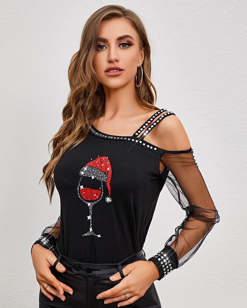 Christmas Wine Glass Print Contrast Mesh Cold Shoulder Top