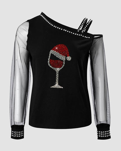 Christmas Wine Glass Print Contrast Mesh Cold Shoulder Top